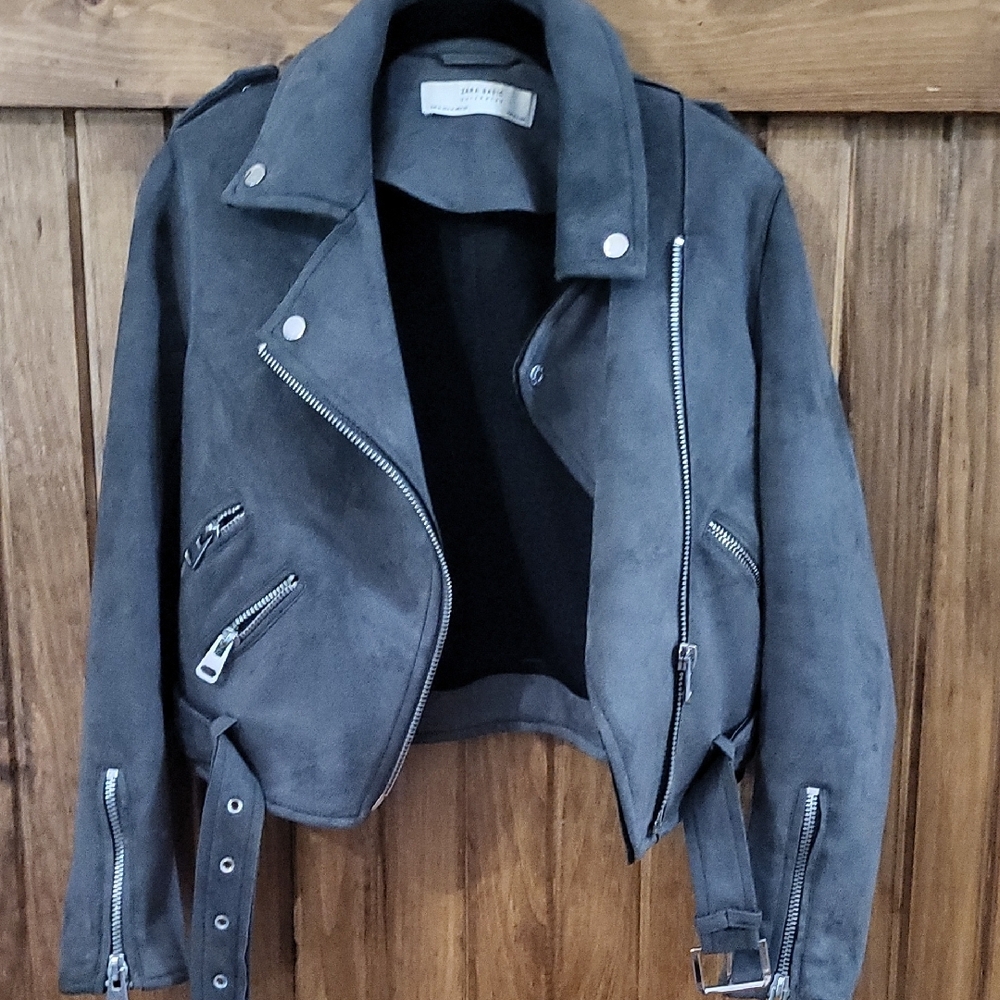 Zara Gray Leather Moto Jacket Asymmetrical Zipper